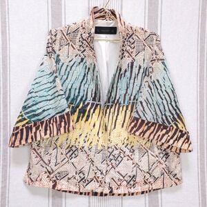Zara Jacket Womens Medium Barkcloth Tiki Vibe Bold‎ Pattern Geometric Print Boho